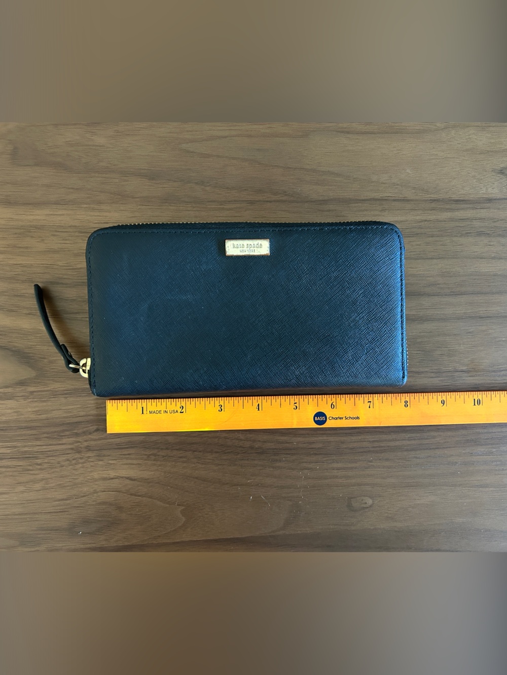 Kate Spade Black Zip-Around Saffiano Leather Wallet with Gold Logo